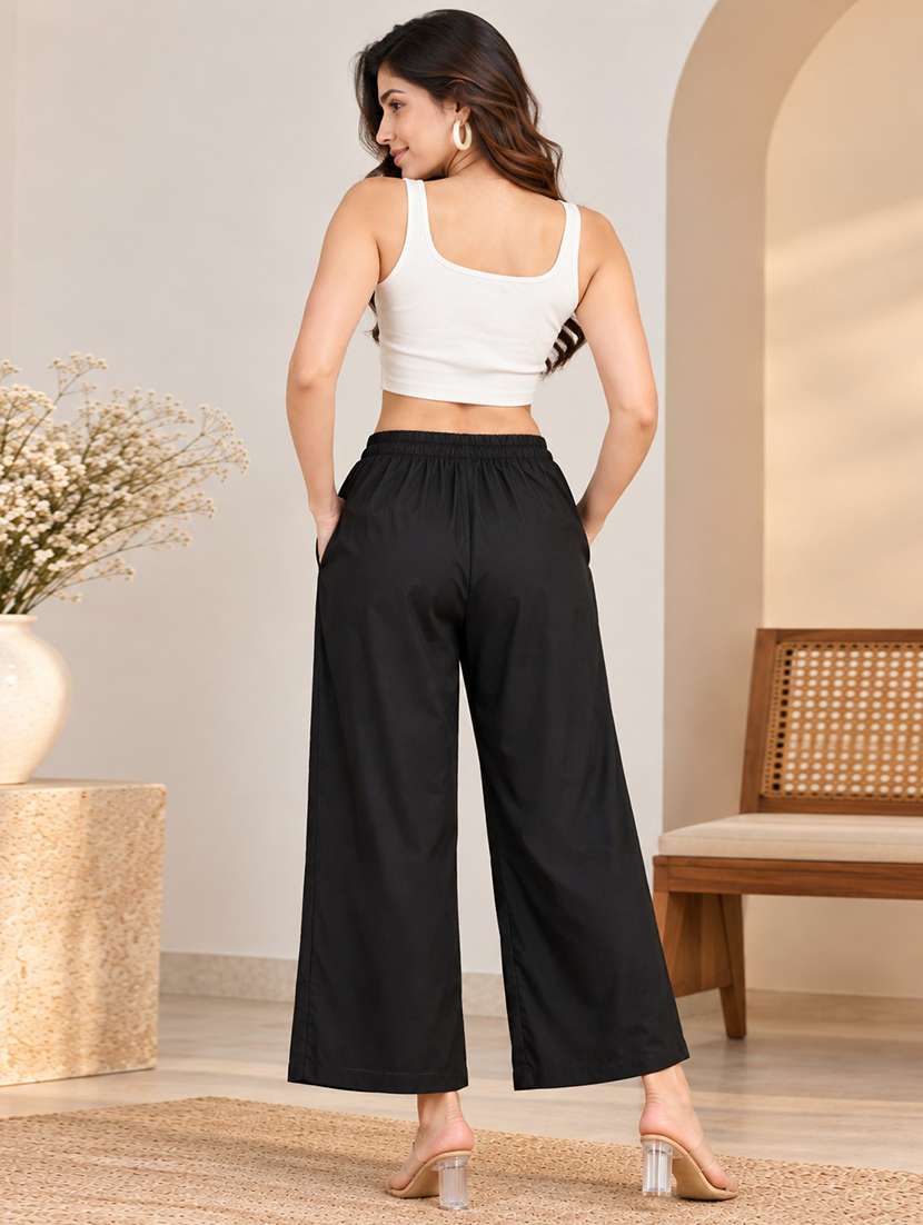 Women Solid Mid Rise Straight Palazzo - 22762278 -  Standard Image - 3