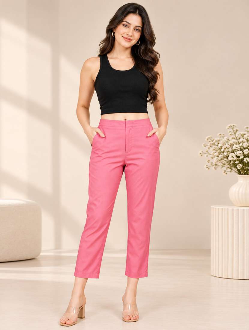 women solid mid rise regular fit straight pant