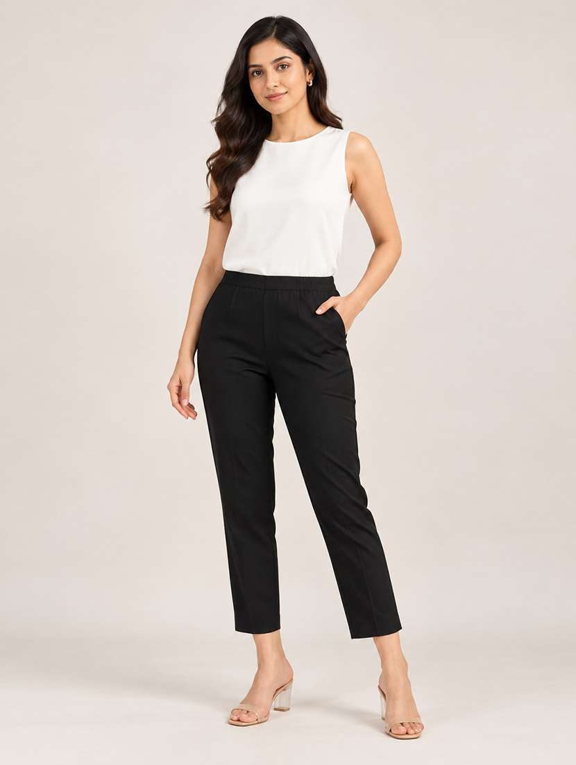 women solid mid rise regular fit straight pant