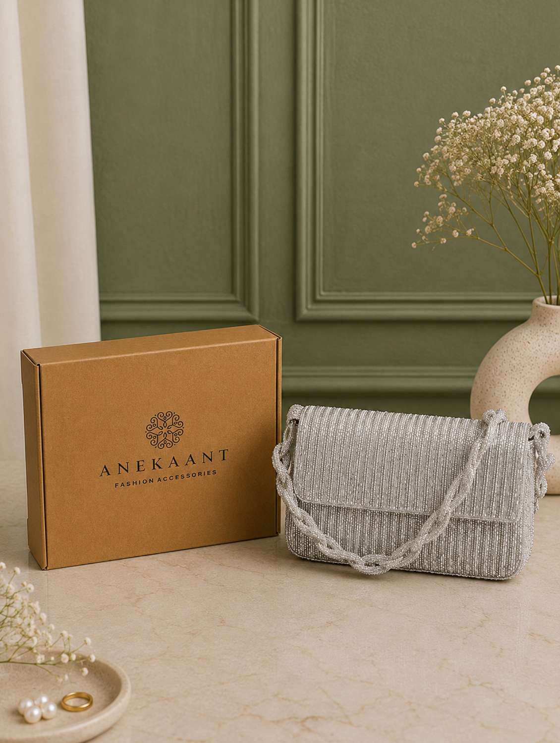 silver faux silk embellished fold over clutch bag