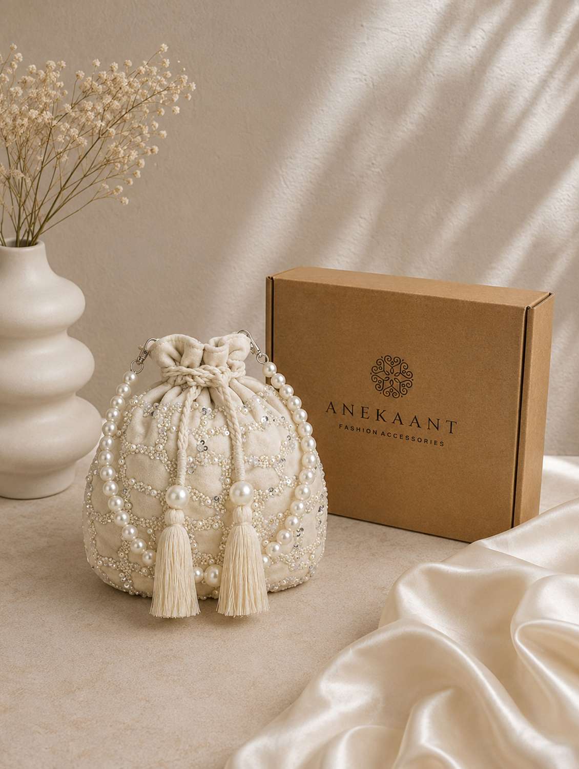 women off white embellished potli bag with drawstring closure
