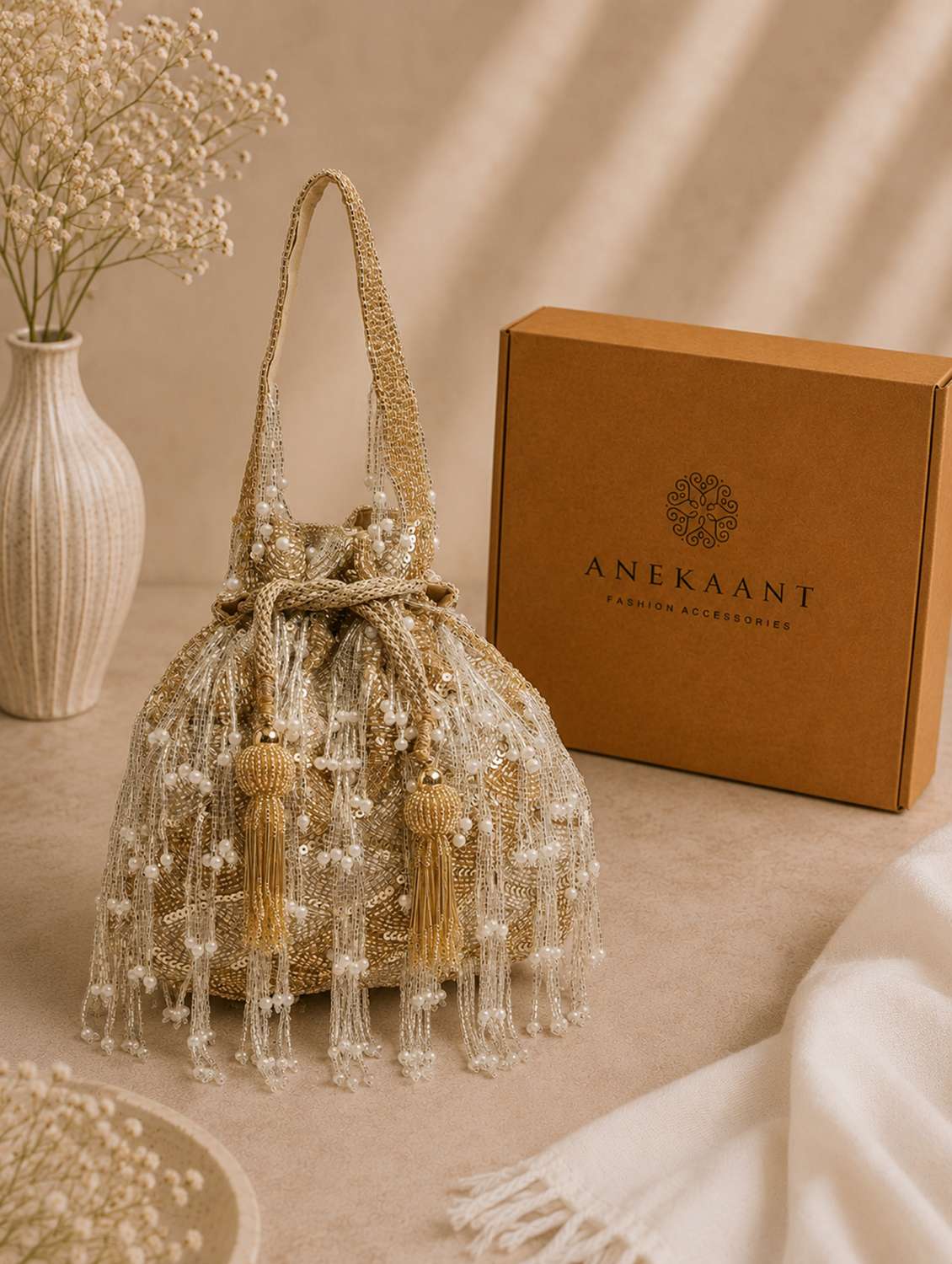 embellished gold potli bag with drawstring closure