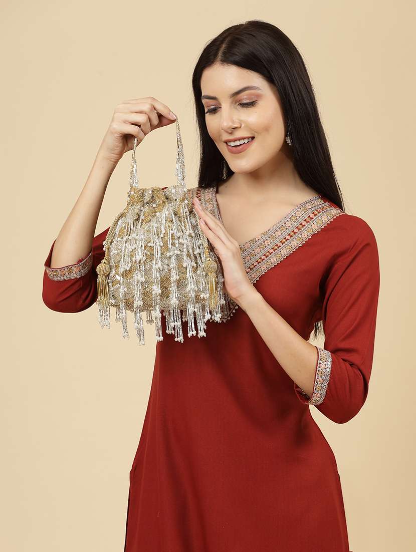 Embellished Gold Potli Bag With Drawstring Closure - 22762975 -  Standard Image - 8