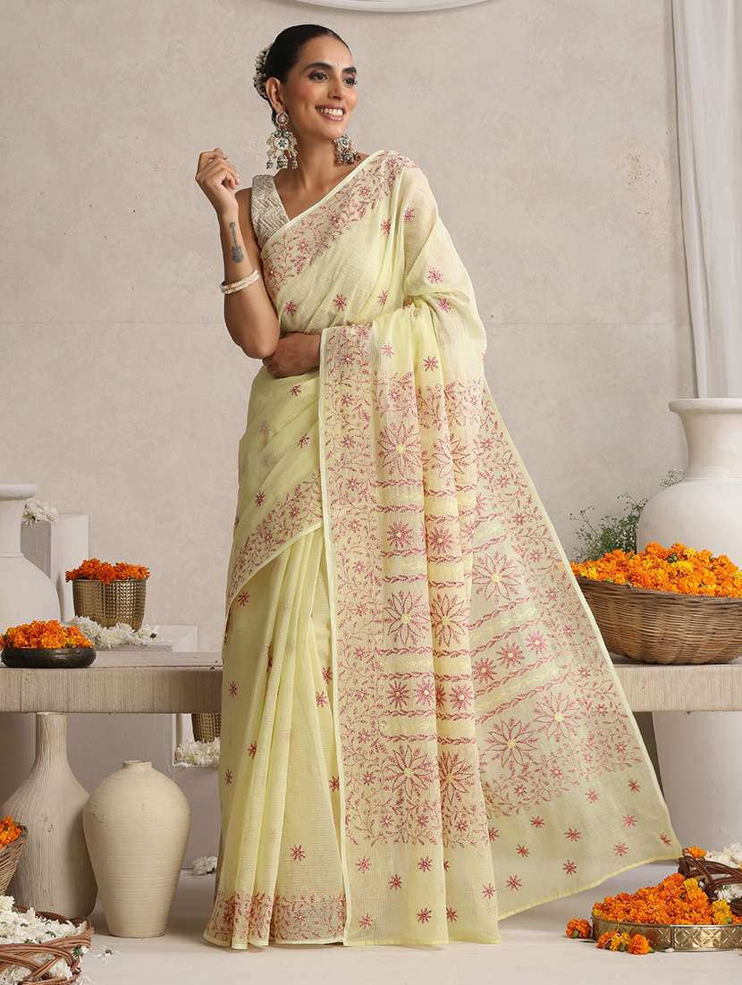 women solid with work embroidered saree