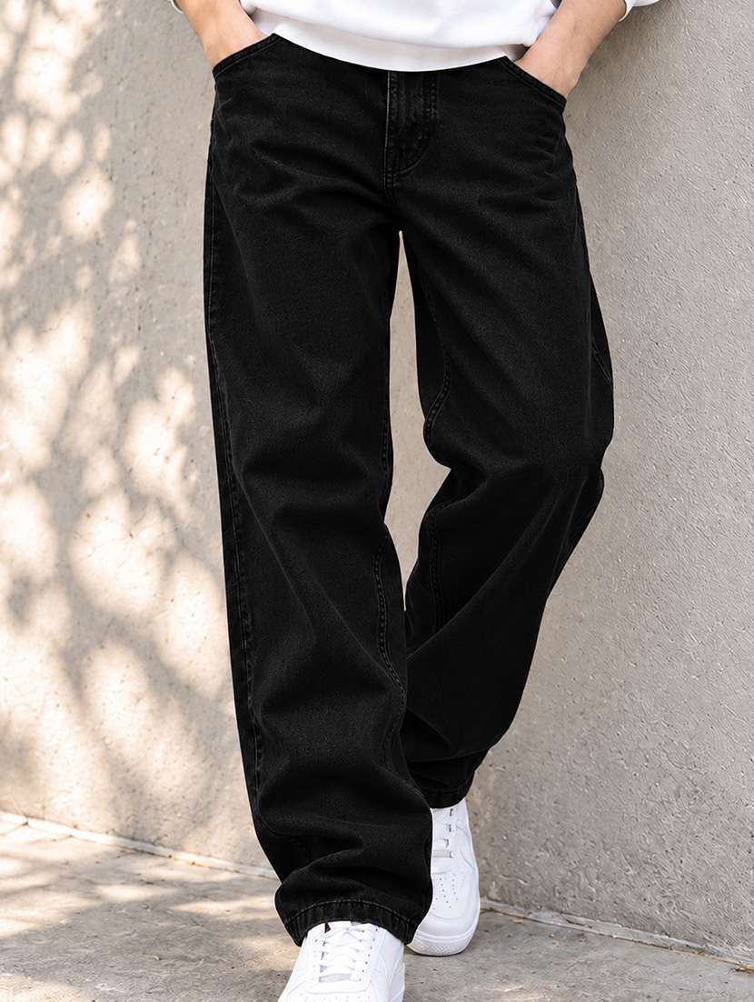 men plain mid rise full length baggy jeans
