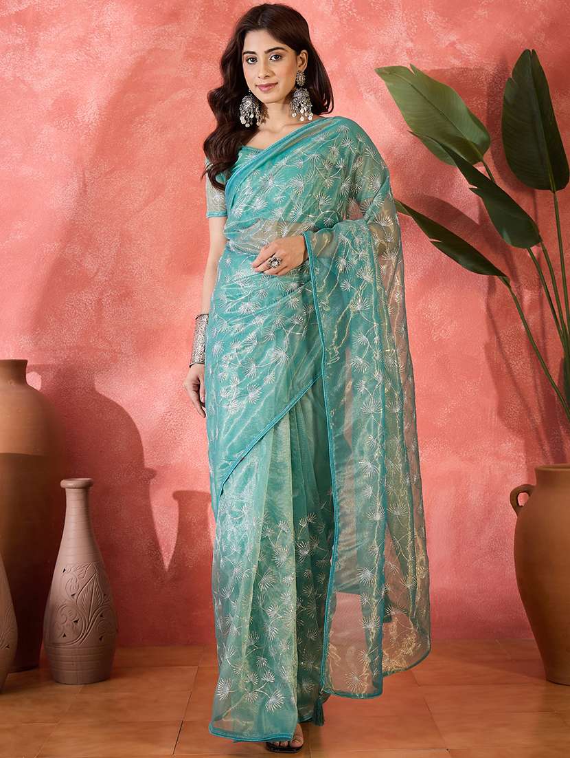 women solid with work embroidered saree with blouse