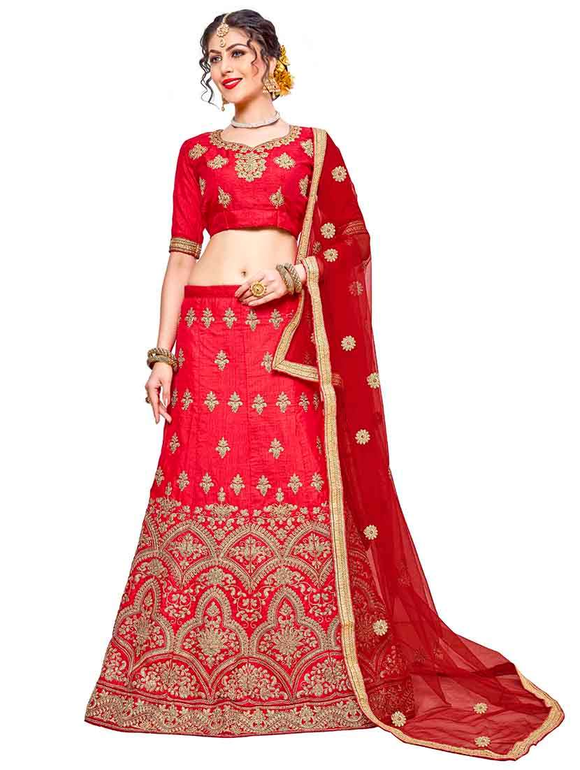 women solid with work semi-stitched a-line lehenga