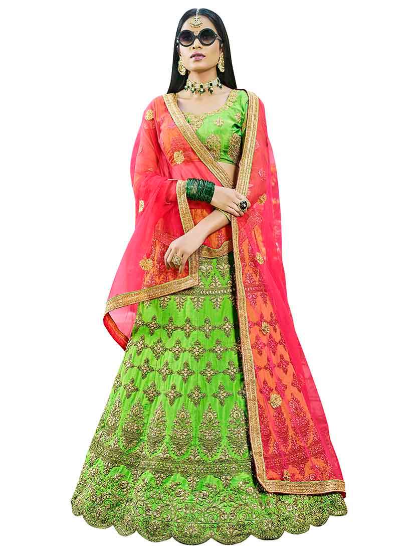 women solid with work semi-stitched flared lehenga