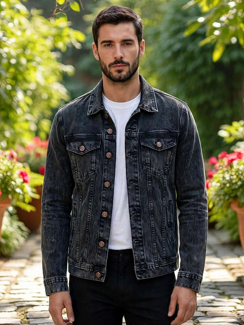 men washed long sleeves regular fit denim jacket