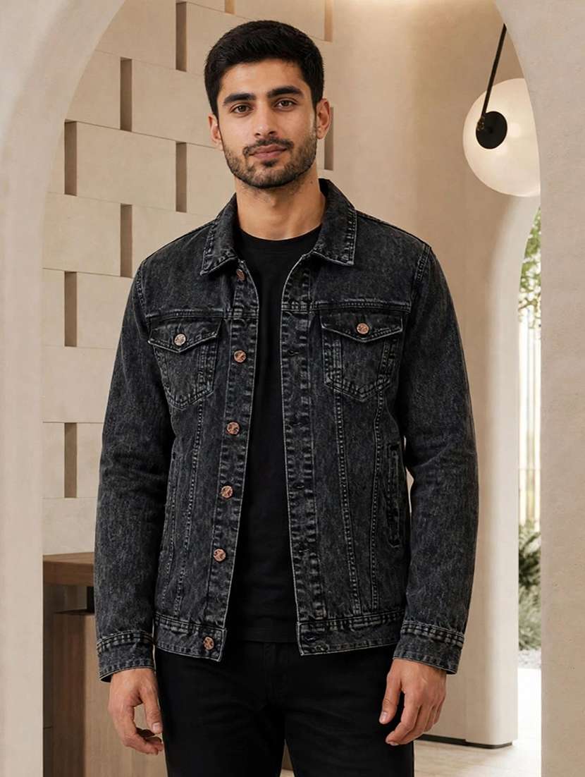 men washed long sleeves regular fit denim jacket