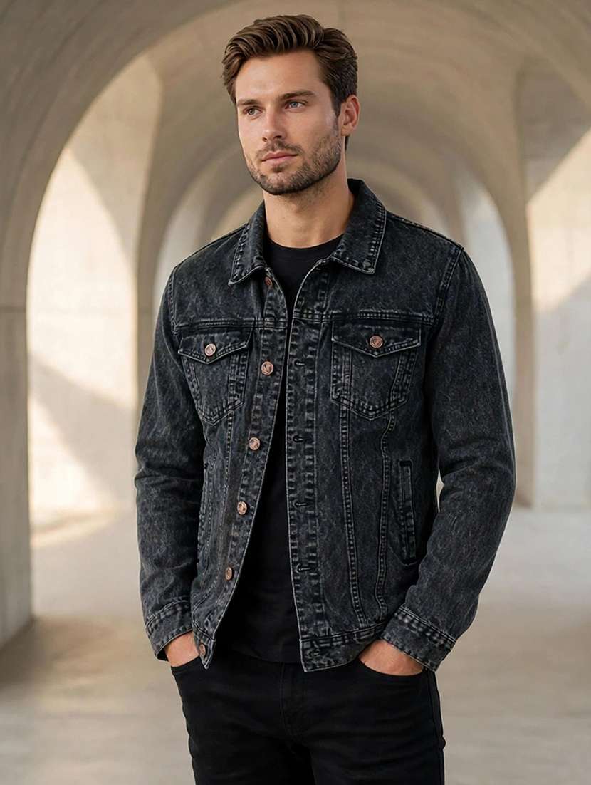 men washed long sleeves regular fit denim jacket
