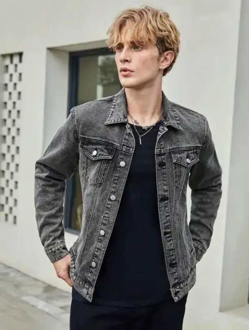 men washed long sleeves regular fit denim jacket