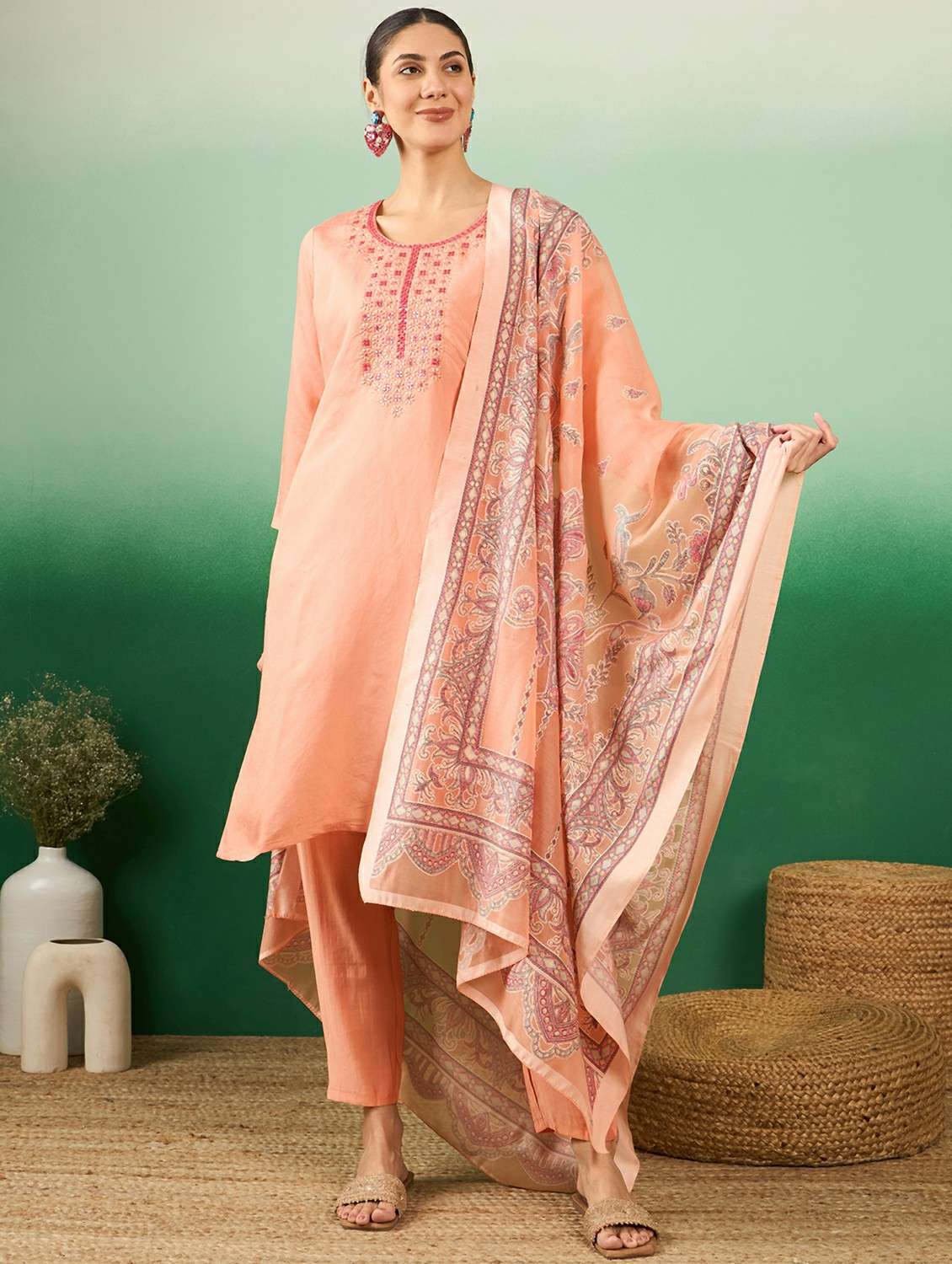 women solid with work three quarter sleeve kurta pant with dupatta set