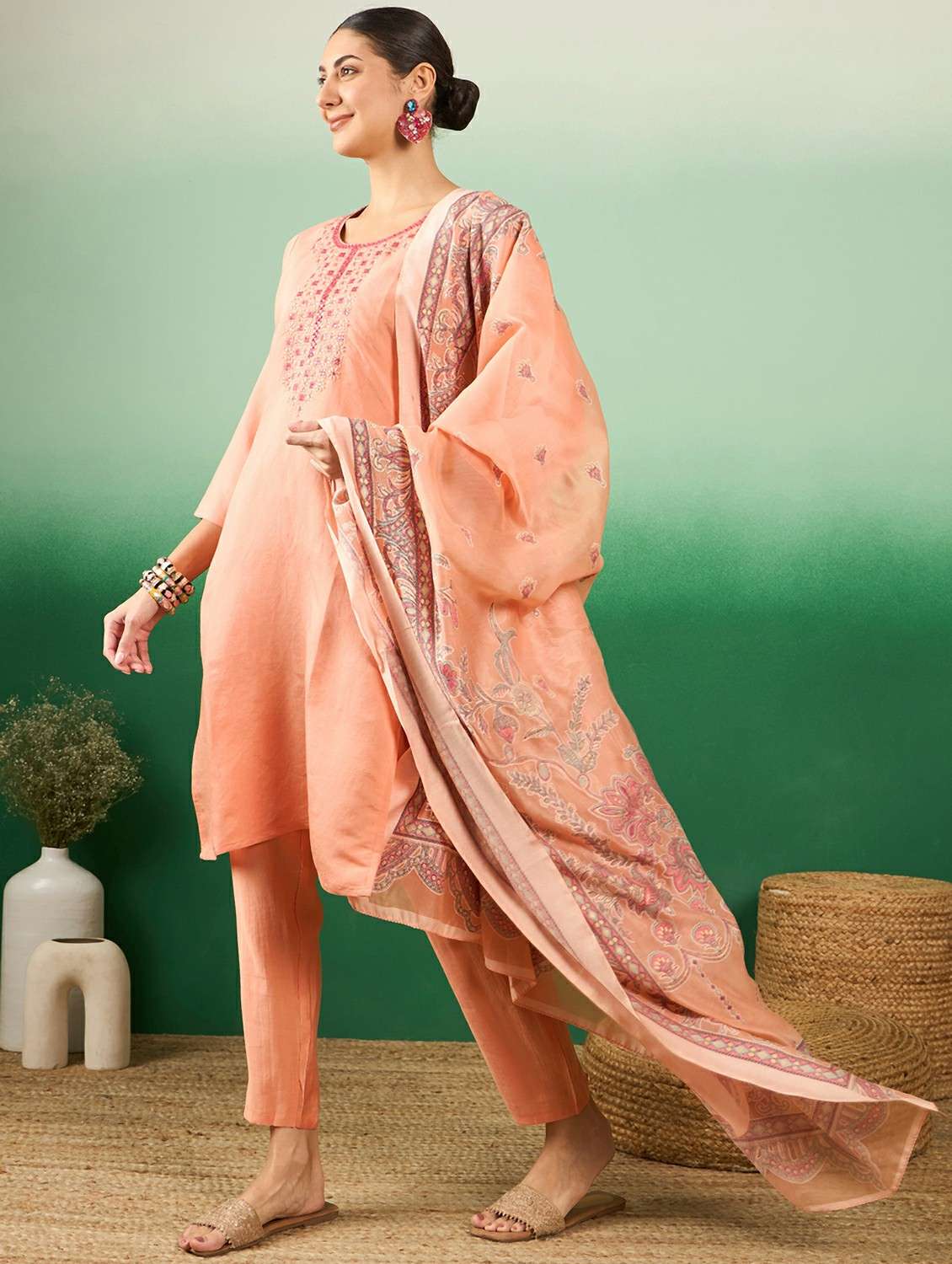 Women Solid With Work Three Quarter Sleeve Kurta Pant With Dupatta Set - 22765725 -  Standard Image - 3