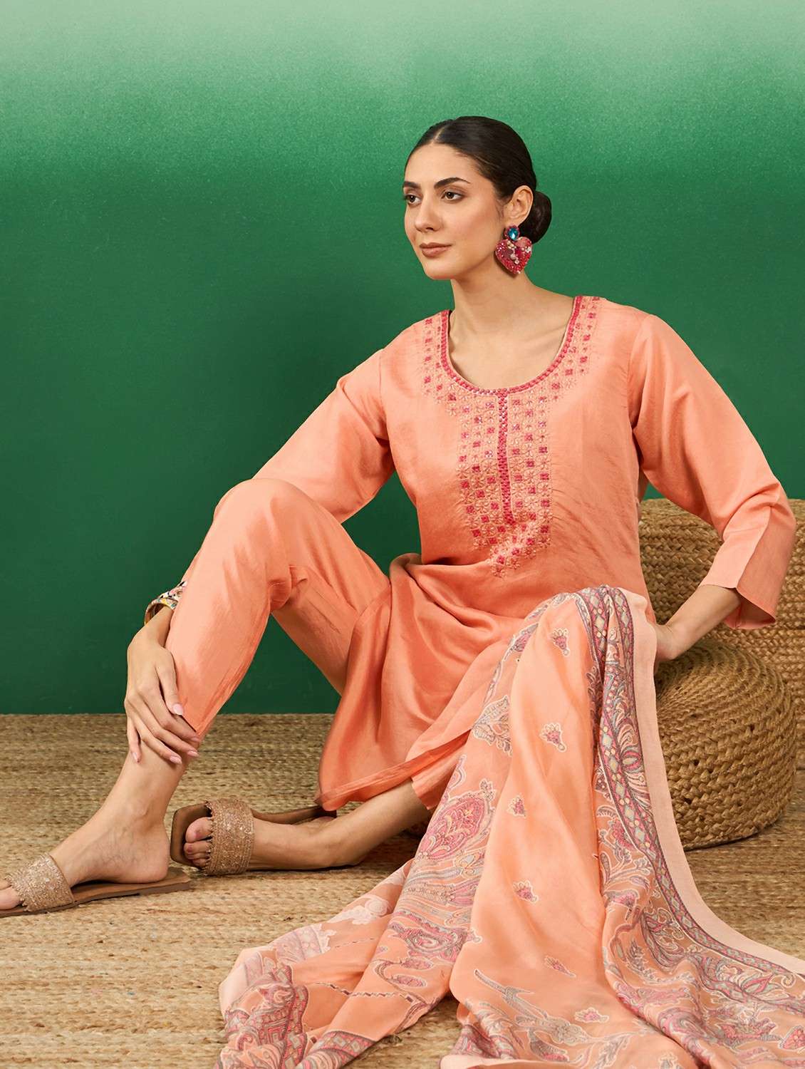 Women Solid With Work Three Quarter Sleeve Kurta Pant With Dupatta Set - 22765725 -  Standard Image - 5