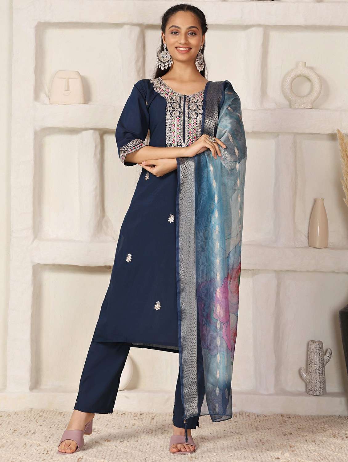 women solid with work three quarter sleeve kurta pant with dupatta set