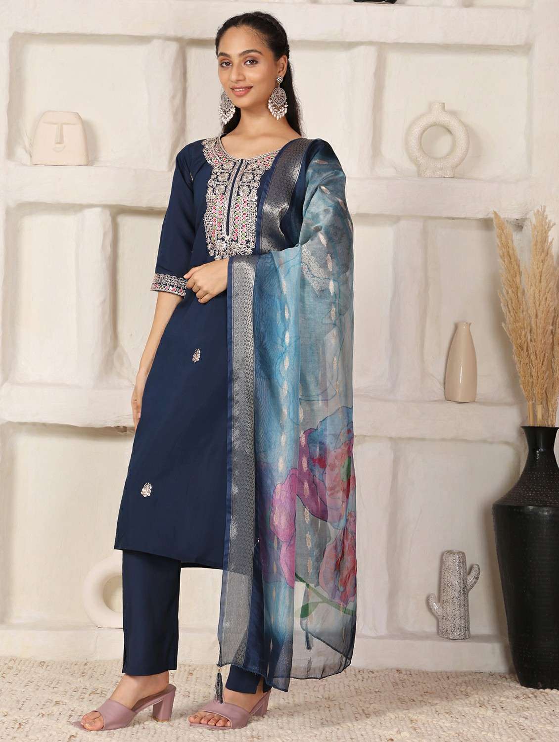 Women Solid With Work Three Quarter Sleeve Kurta Pant With Dupatta Set - 22765771 -  Standard Image - 3