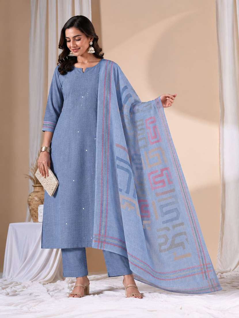 women solid with work unstitched suit set
