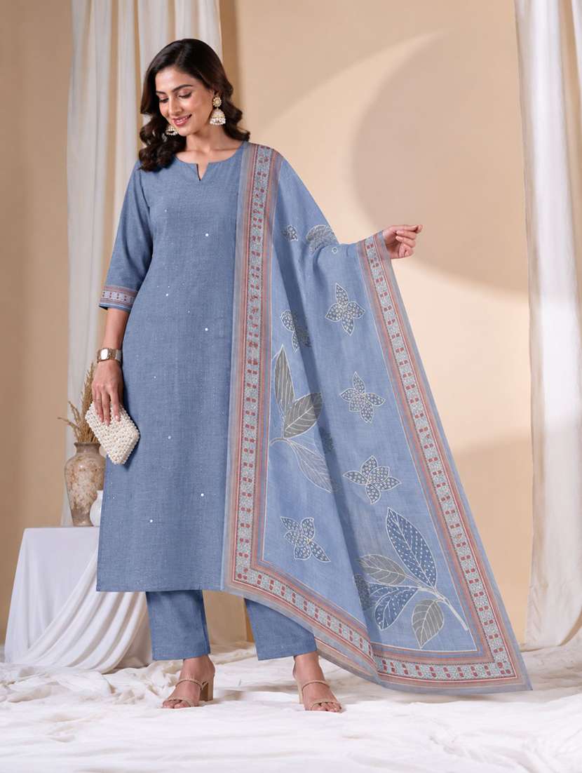 women solid with work unstitched suit set