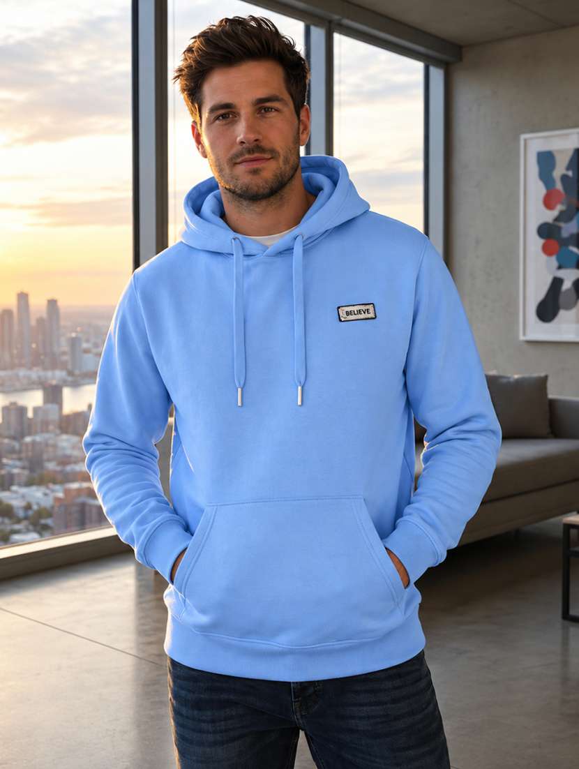 men solid long sleeves hooded sweatshirt