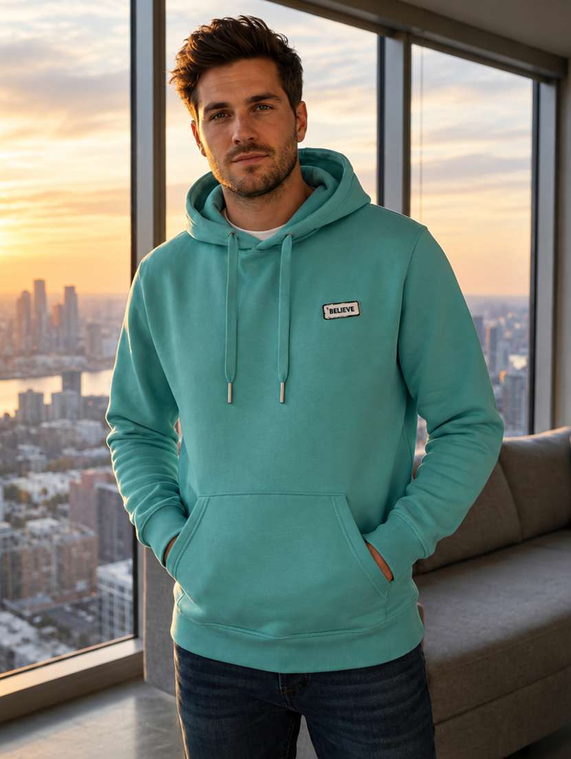 men solid long sleeves hooded sweatshirt