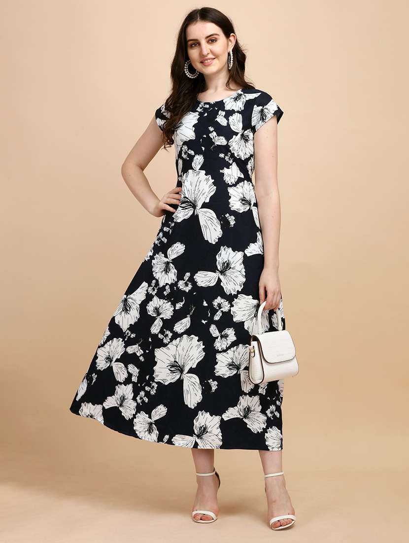 women printed short sleeves a-line dress