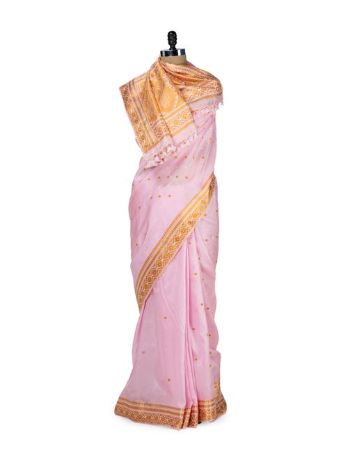 Pink & Orange Floral Silk Saree - MAKU
