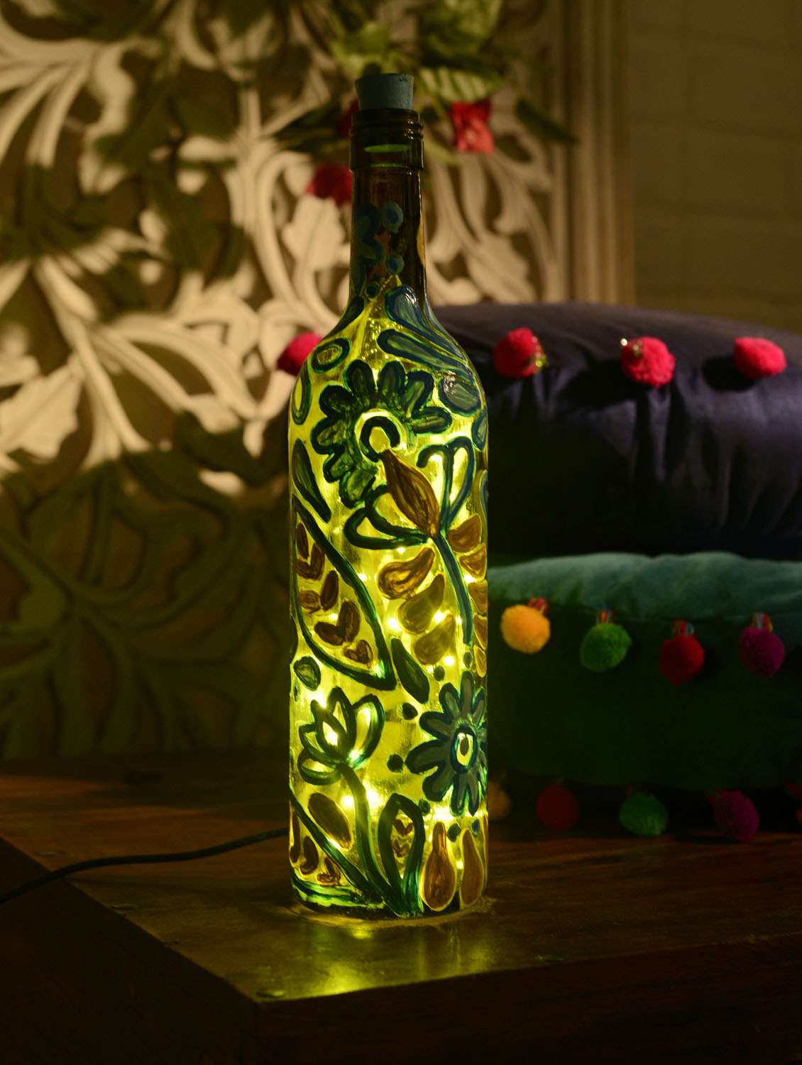 floral design led glass bottle lamp