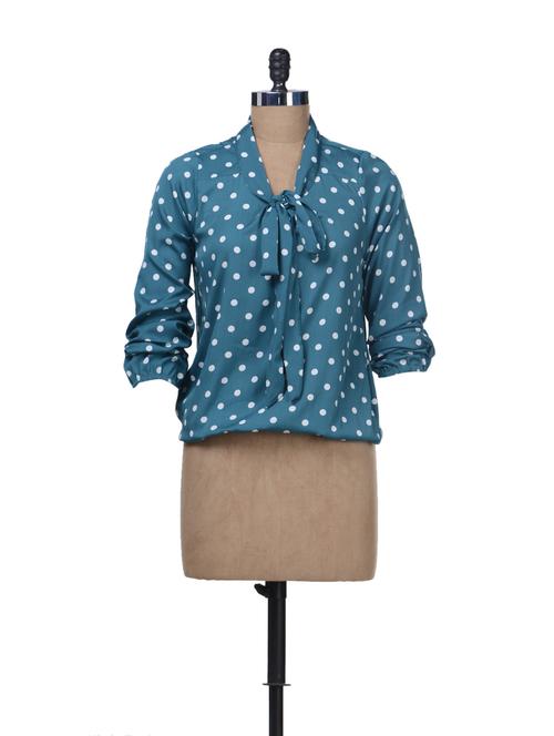 Green Polka Dot Print Neck-tie Top - Color Cocktail