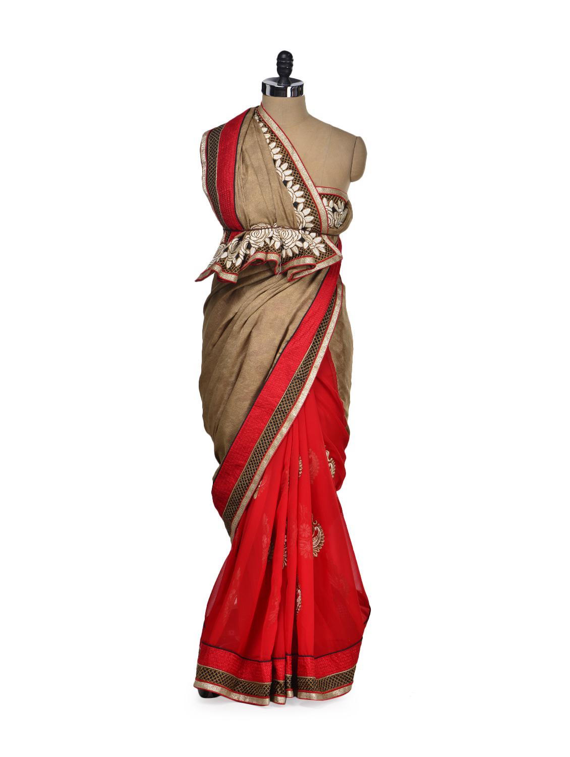 Designer Orange & Beige Saree - Get Style At Home