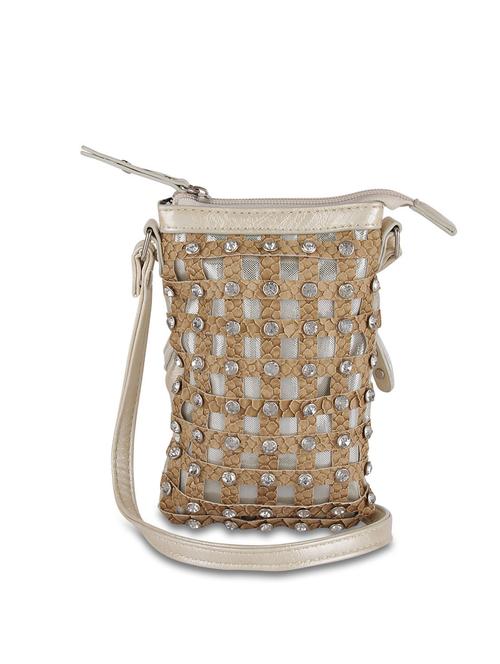Beige Designer Sling Bag With Diamonte Studs - ALESSIA