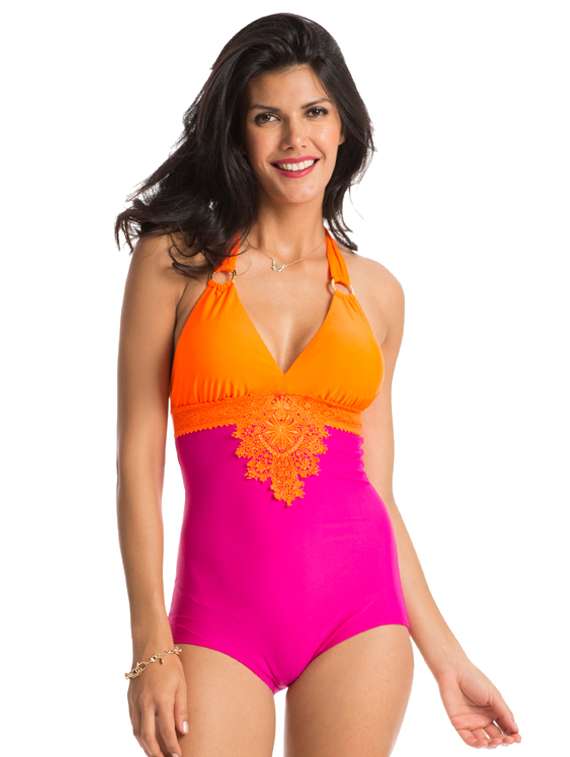 orange and pink classic halter one-piece swimsuit