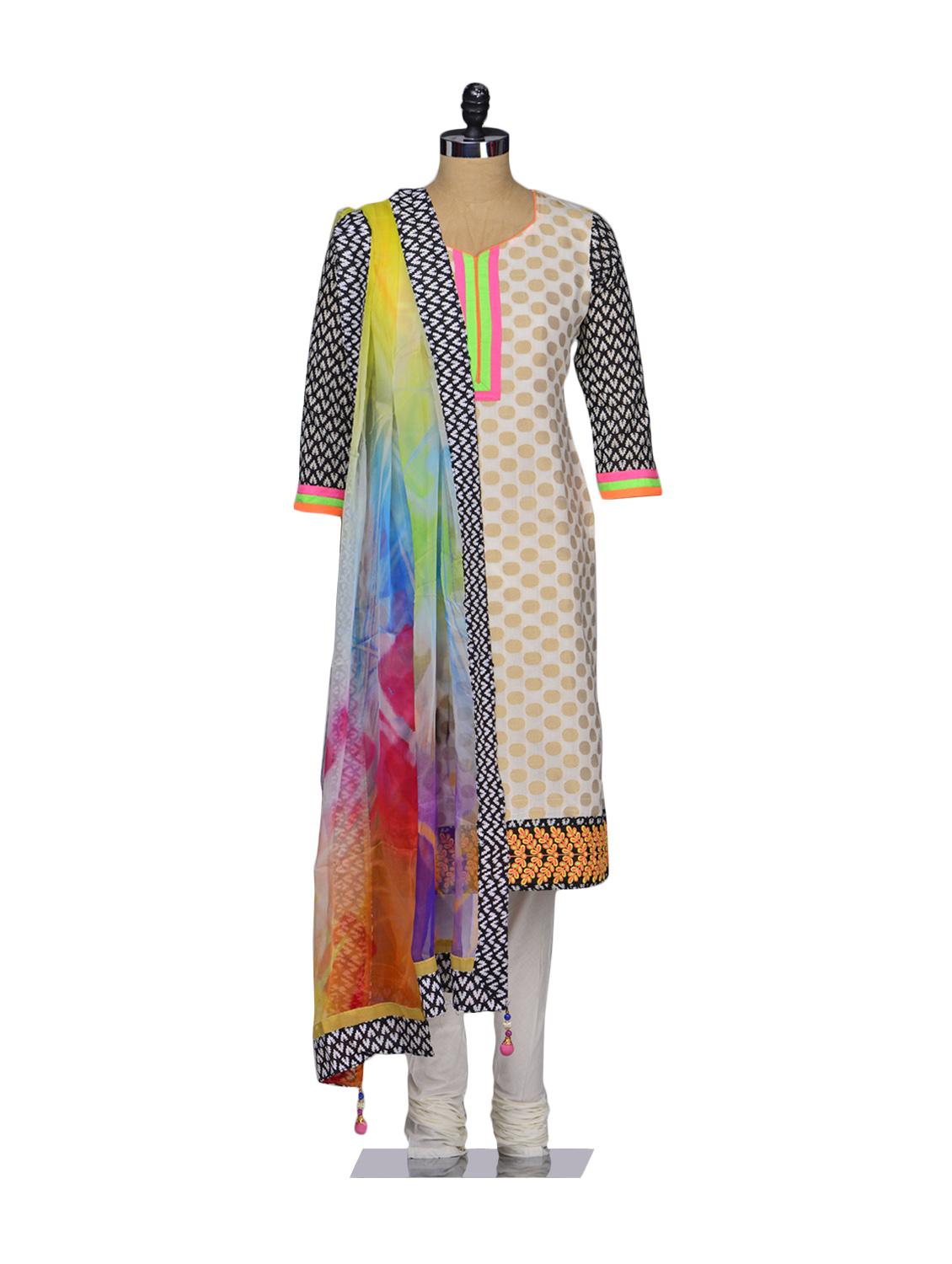 White and Beige  Unstitched Dress Material