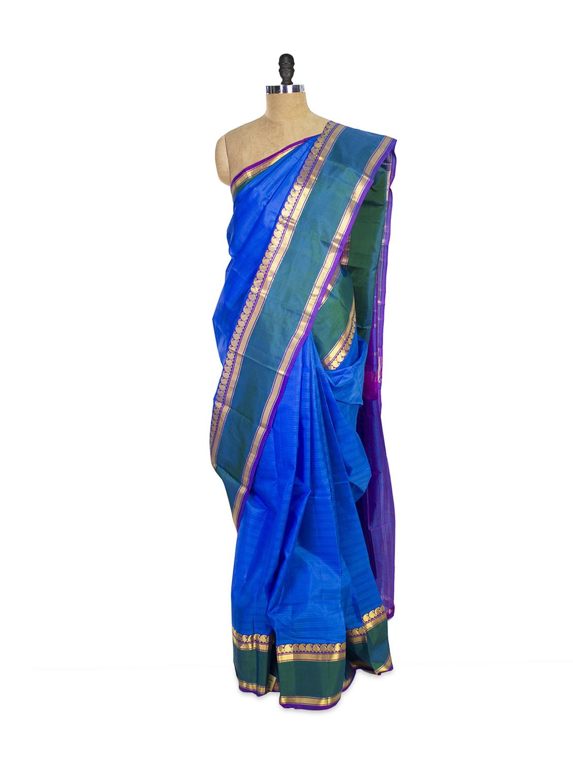Blue Kanchipuram Arani Silk Saree With Green & Gold Zari Border - Pothys