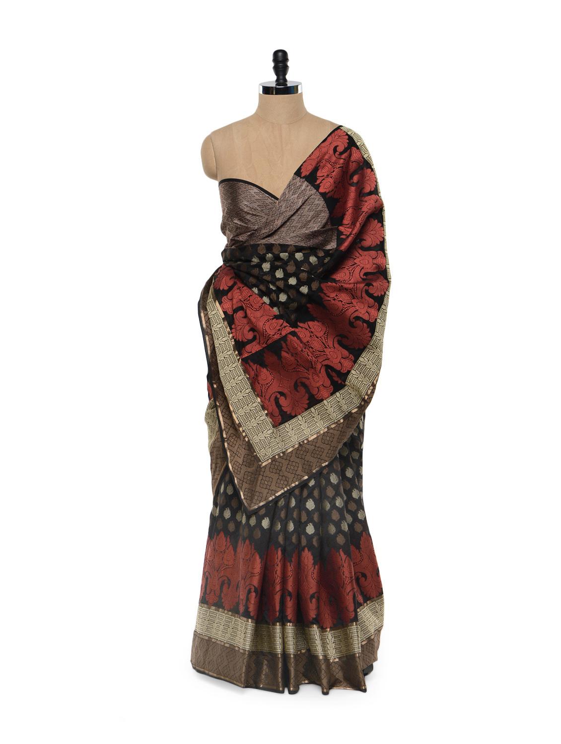 Classy Black And Red Cotton Silk Saree - Mandala