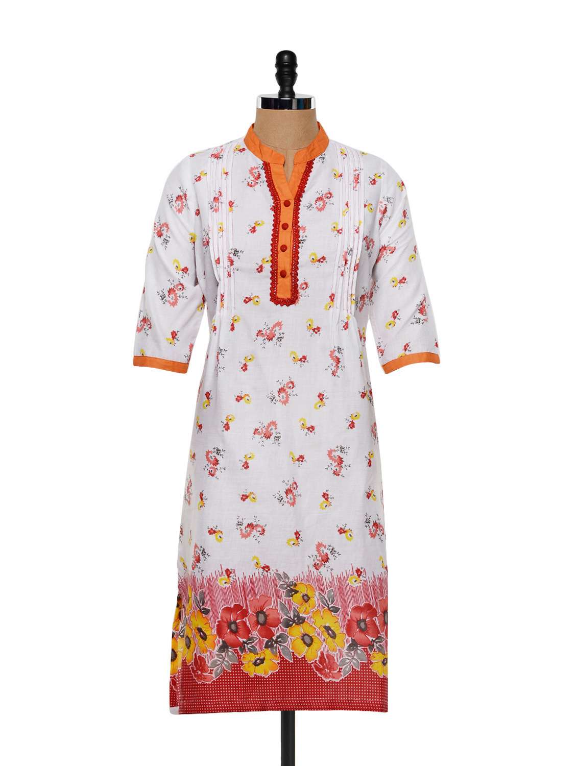 white and red floral pintuck kurta