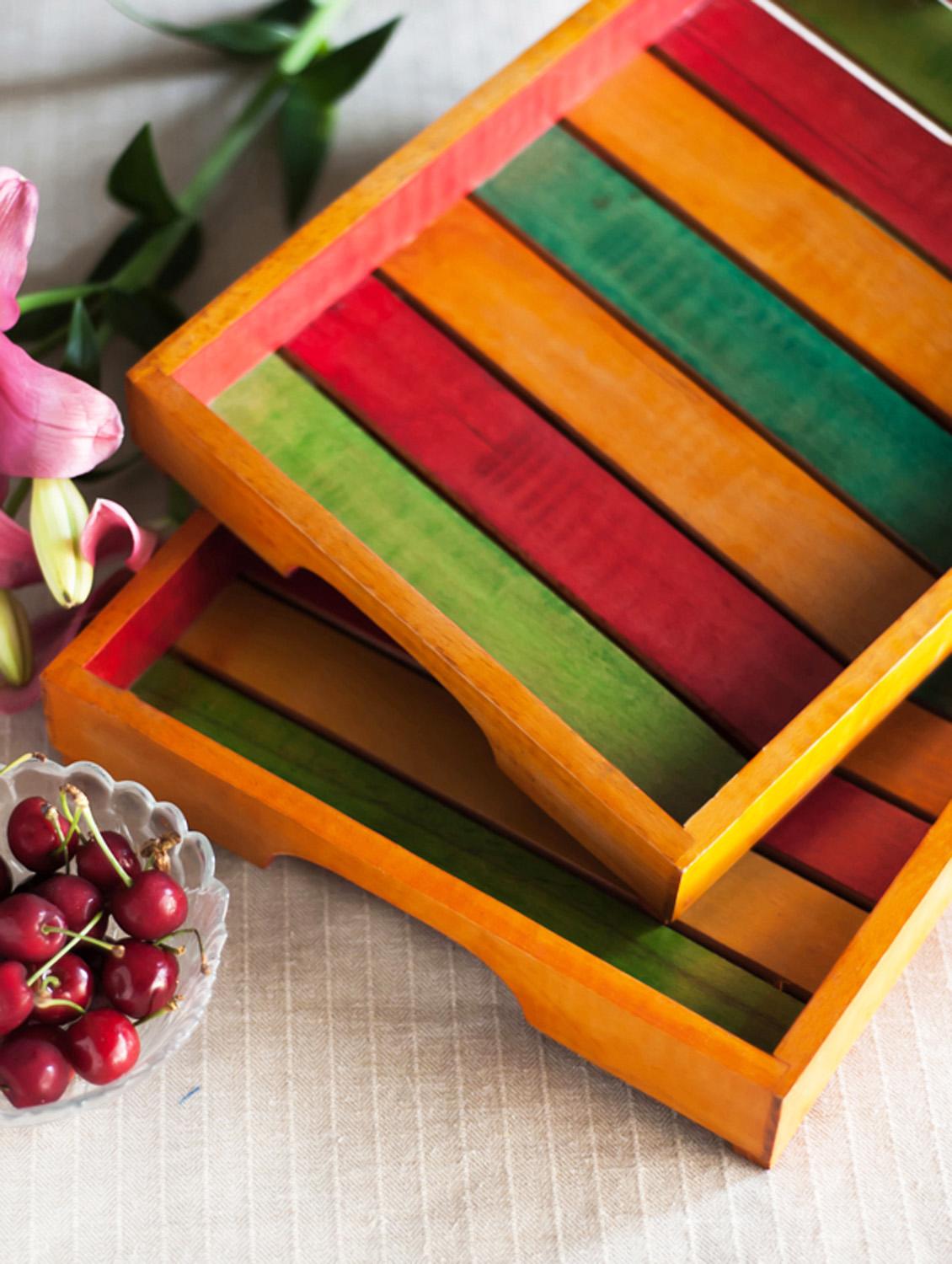 Multi-coloured Wooden Tray (set Of 2) - ExclusiveLane
