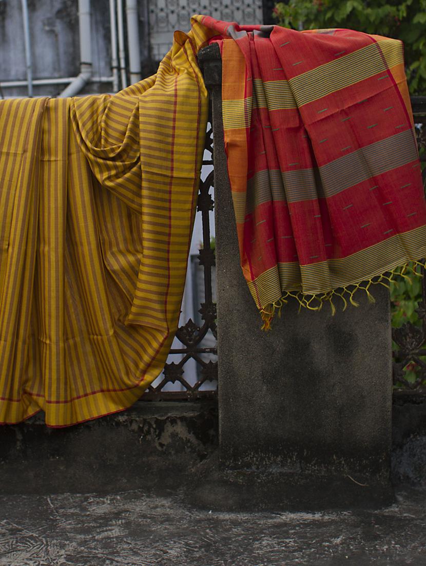 Mustard Yellow And Brown Striped Raw Jute Silk Saree - Cotton Koleksi