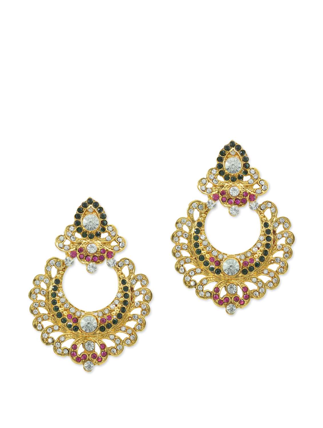 chaandbali style gold earrings with multicoloured semi-precious stones