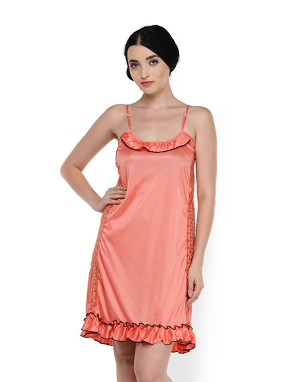 Buy online Peach Satin Lace Nighty With Frills from sleepwear for