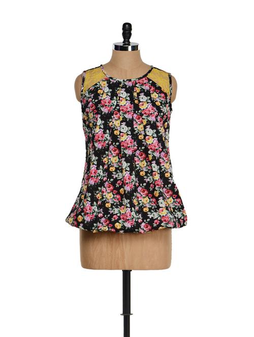 Black Floral Printed Top With Yellow Net Shoulders - M Expose