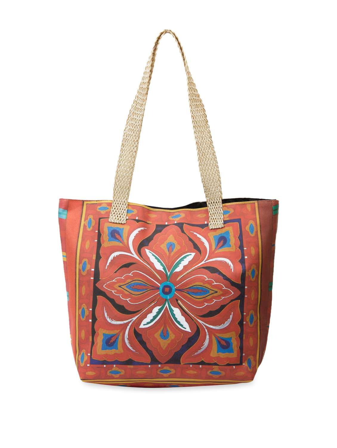 red fashionable tote with traditional prints
