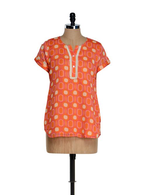 Orange Geometrical Print Top With A Buttoned Placket - Sohniye