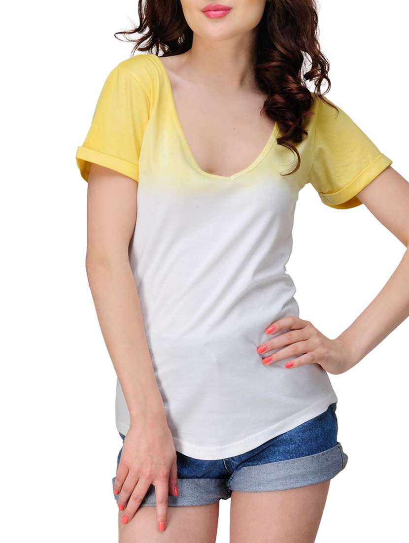 Buy online Fantastic White And Yellow Shaded T-shirt from western