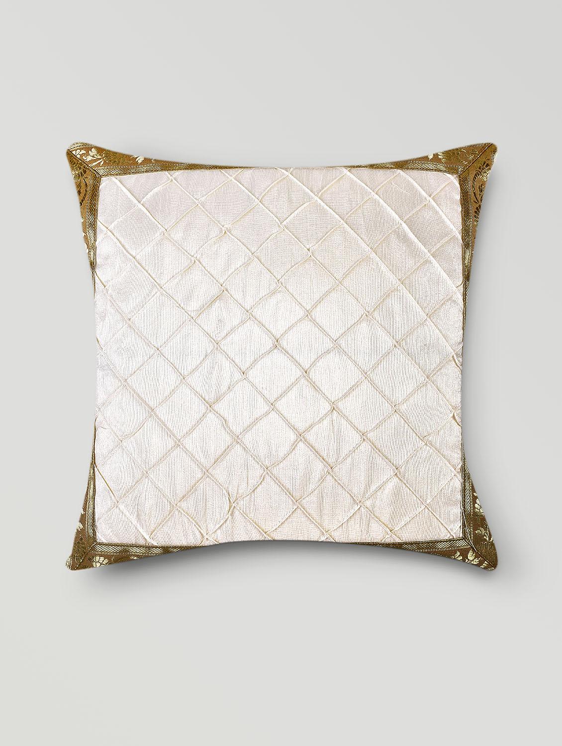 Set Of 5 Quilted White And Gold Zari Cushion Covers - By