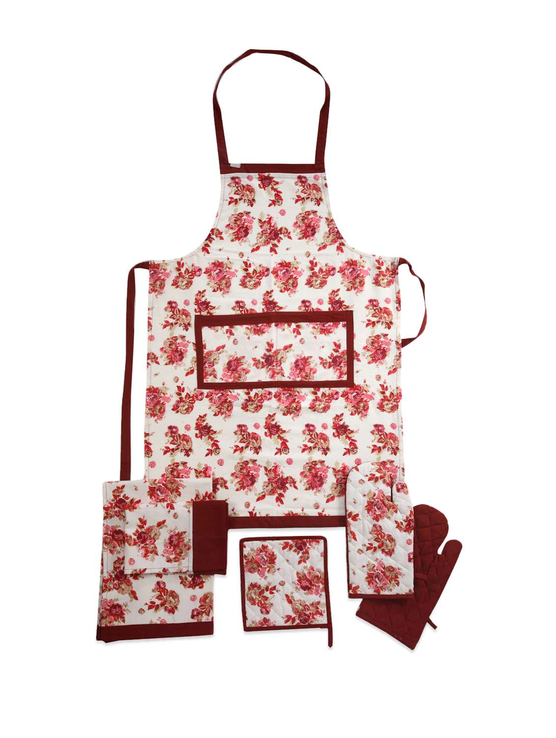 white base apron with floral print combo. set of 6 pieces