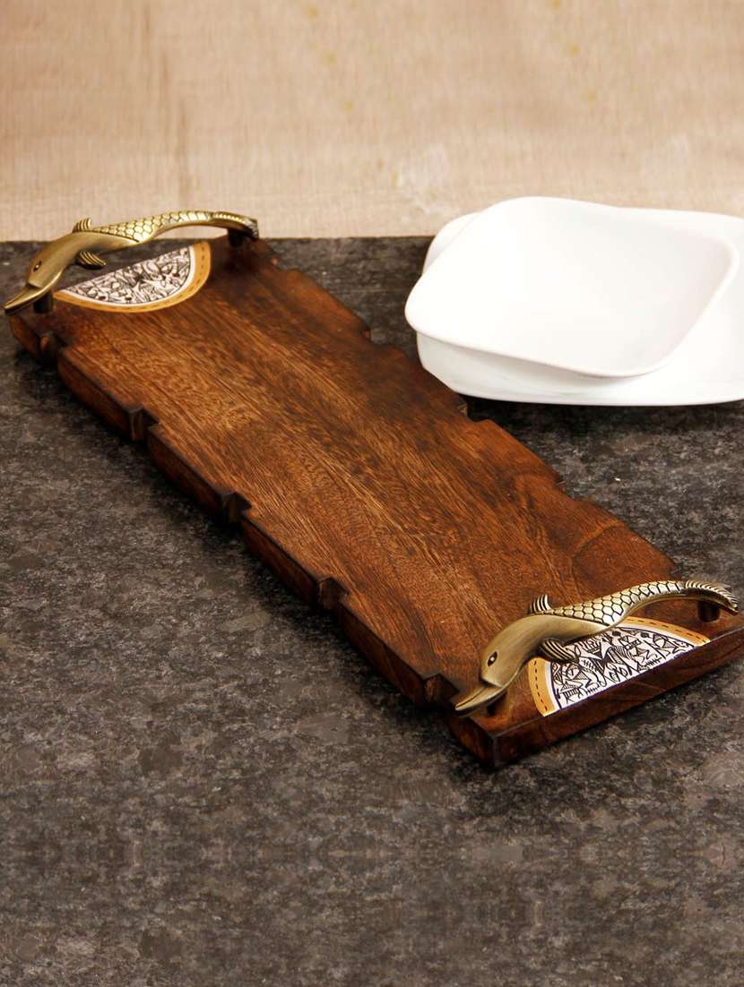 madhubani painted wooden platter tray