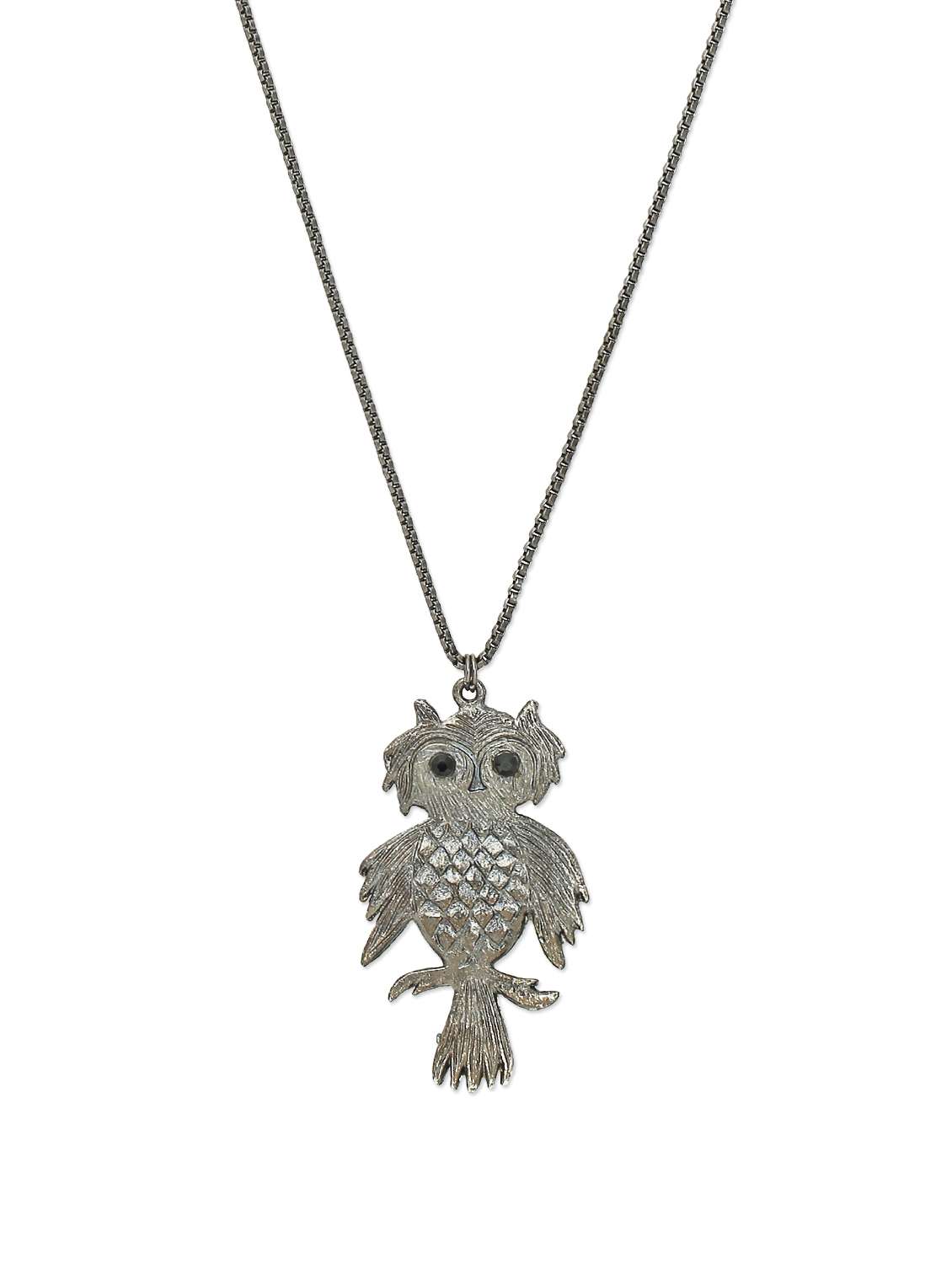 oxidised silver owl long chain pendant