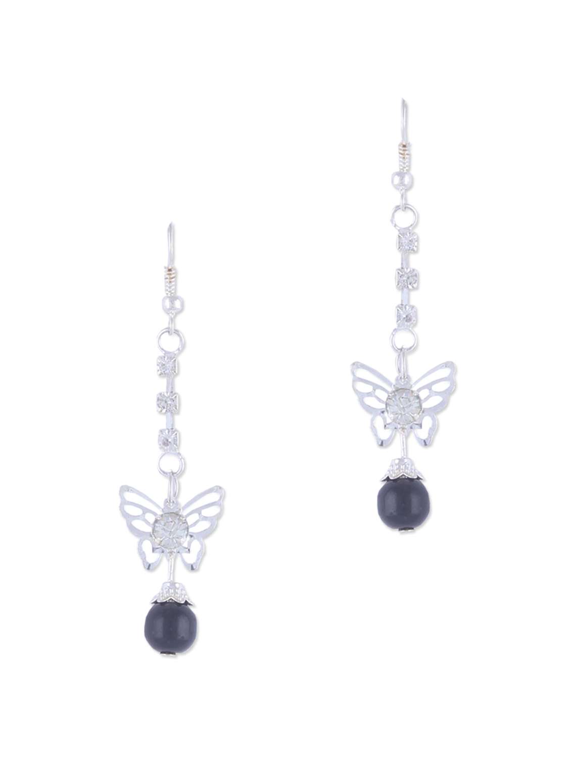 silver long butterfly earrings and black beads
