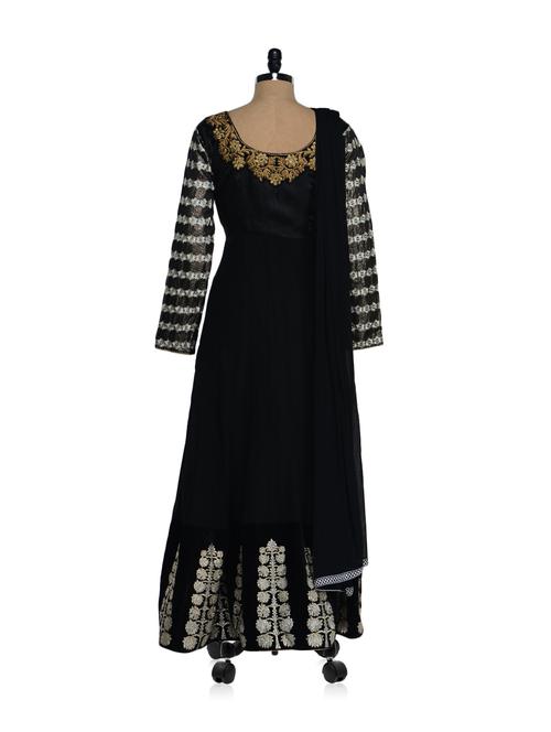 Glamorous Floor Length Black Satin Kurta With Stunning Embroidery - Purple Oyster